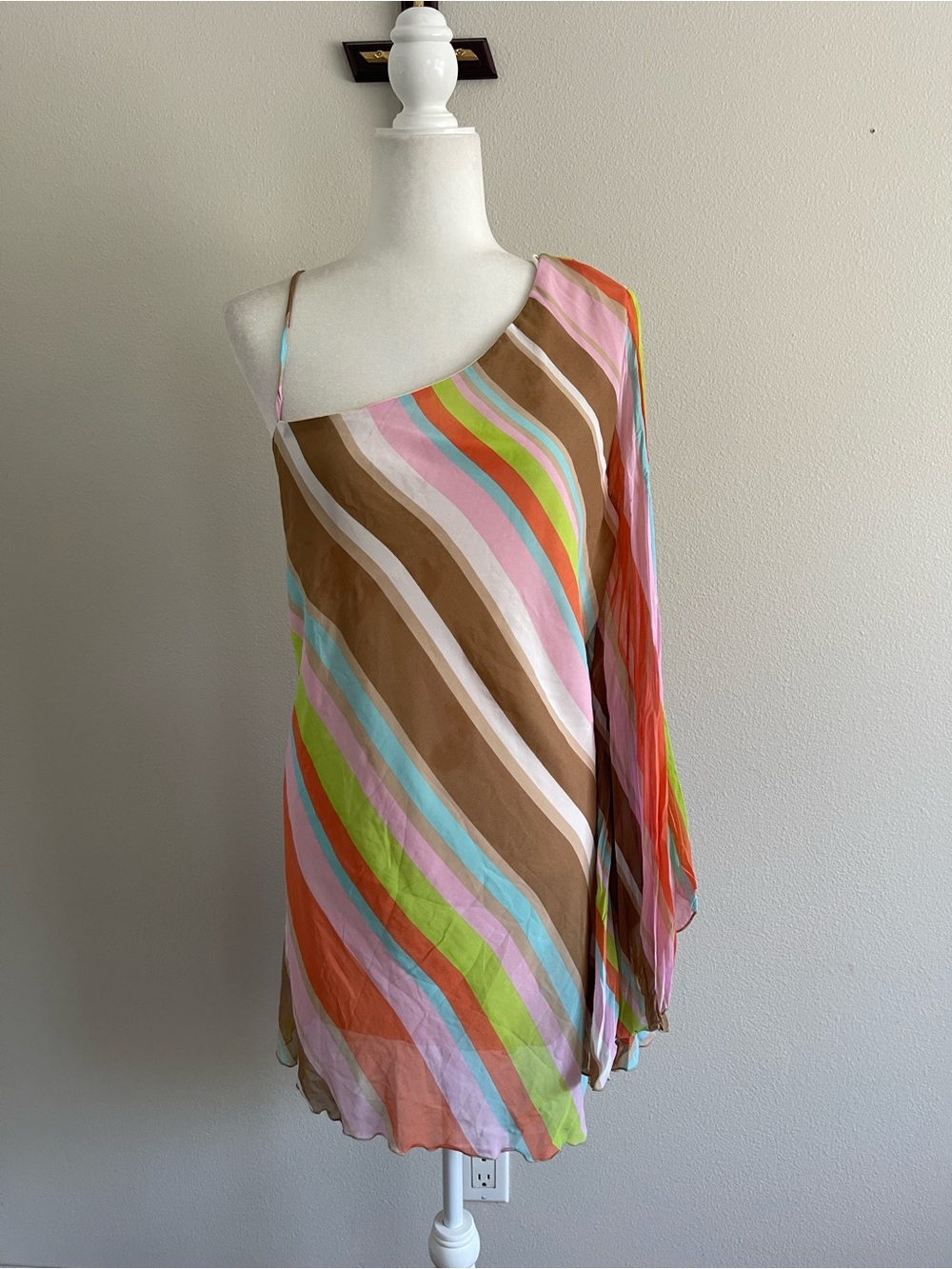 Ashley Stewart One-Shoulder Striped Dress in Brown, Pink, Lime, Aqua & Orange